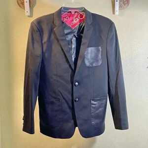 Elie Balleh Boys Black Blazer Jacket Faux Leather Patches Elbow Pockets XL 18-20